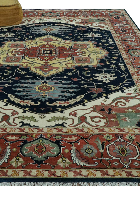 Hand Knotted Rust, Ivory And Black Herati Wool Rug 9x12 ft Ideal for Living, Bedroom And Dining Rooms | CP2470912