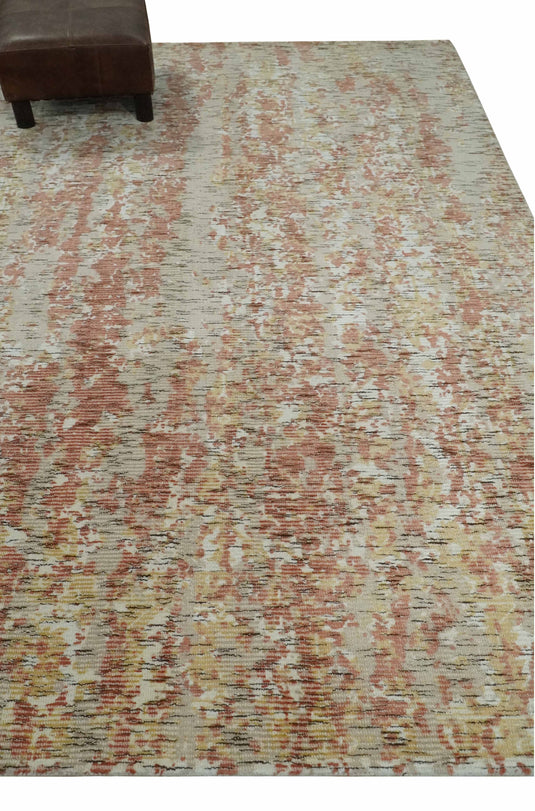 Modern Abstract Peach, Ivory, Gold and Beige Handloom 5x8 ft Bedroom, Living Room Rug Wool And Viscose Area Rug