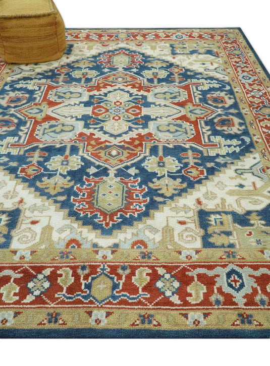 Traditional Pattern Blue, Ivory, Red and Beige Hand Knotted 8x10 ft wool Area Rug