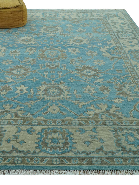 Custom Made Traditional Oushak Teal, Gray And Charcoal Hand Knotted Wool Area Rug