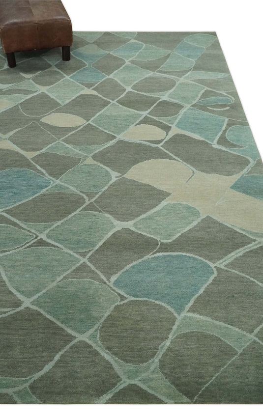 Contemporary Geometrical Pattern Hand knotted Charcoal, Green, Ivory and Blue 5x8 ft Bedroom, Living Room Rug Wool Area Rug