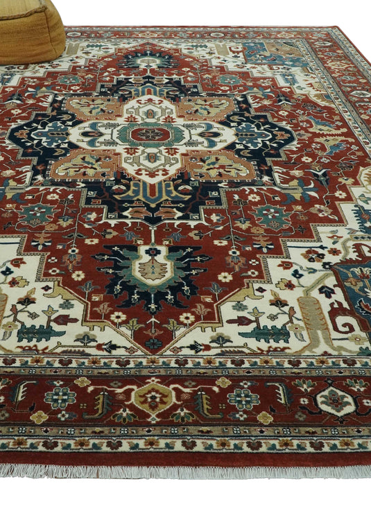 Antique Ivory, Brown, Olive And Blue Traditional Floral Hand Knotted Wool Rug 9x12 ft Ideal for Living, Bedroom And Dining Rooms | CP1788912