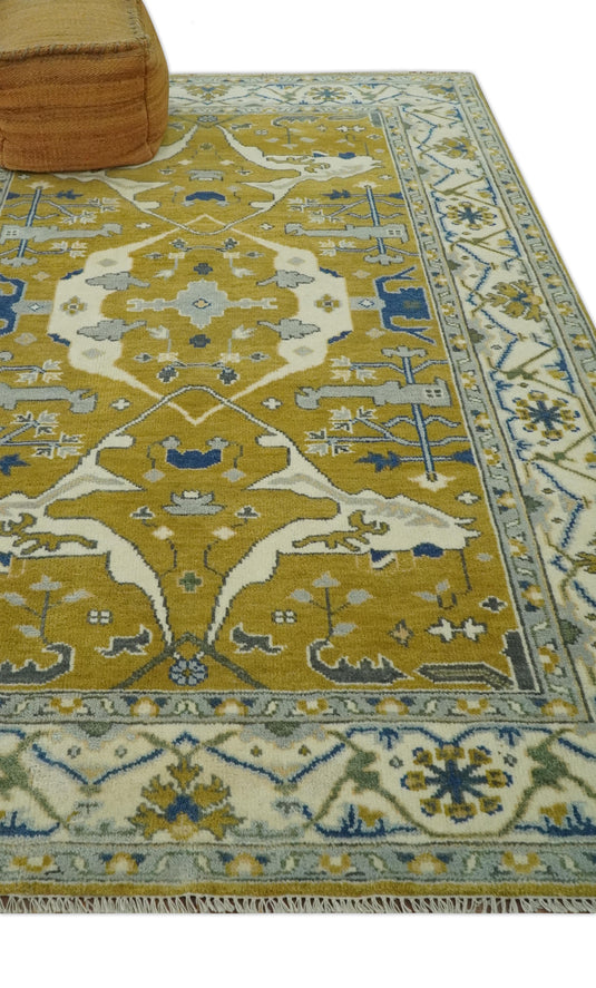 Hand Knotted Turkish Oushak Gold, Blue, Ivory And Gray Wool Rug 6x9 ft Ideal for Living, Bedroom And Dining Rooms | CP240769