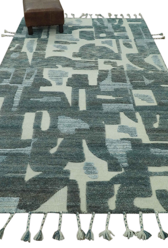 Modern Abstract Patten Ivory, Charcoal And Gray Hand Knotted 5x8 ft Bedroom, Living Room Rug Wool Area Rug