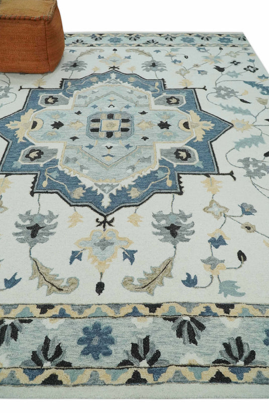 Central Medallion Ivory, Blue And Gray Hand Tufted Wool Area Rug- (FC)