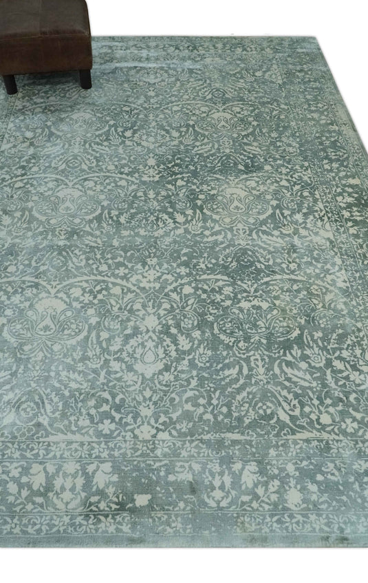 Traditional Floral Green And Ivory Handloom 5.6x8 ft Bedroom, Living Room Rug Wool And Viscose Area Rug