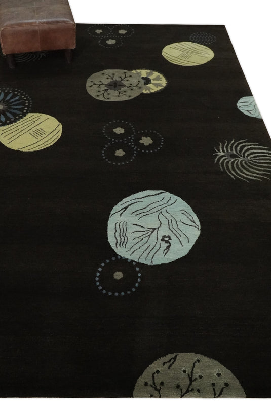 Modern Geometrical Pattern Handloom Dark Brown 5x8 ft Bedroom, Living Room Rug , Wool, Art Silk Area Rug AAOC1058