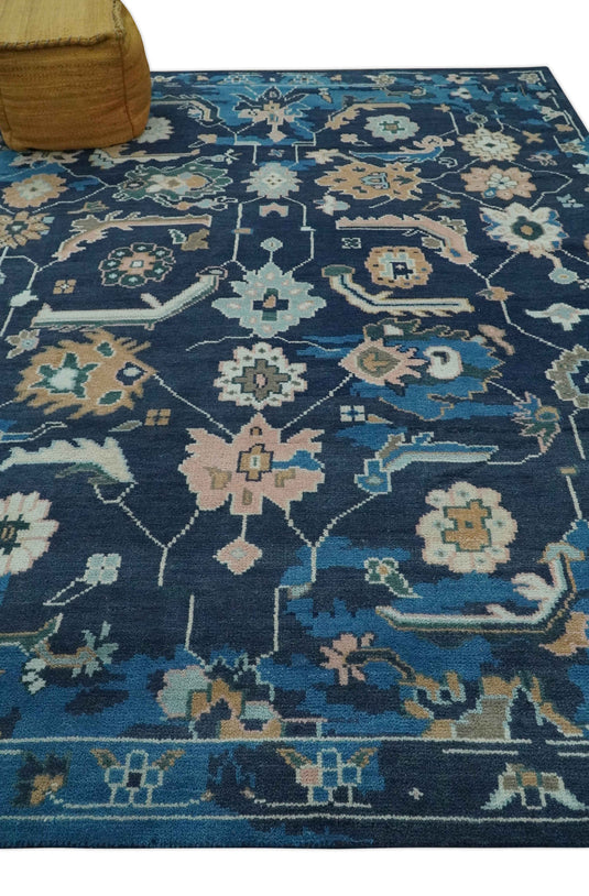 Traditional Floral Pattern Blue, Beige, Peach and Navy Blue Hand Knotted 8x10 ft wool Area Rug