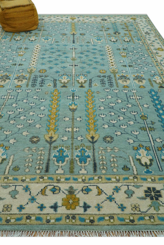 Turkish Wool Oushak Rug, Blue and Ivory Hand Knotted 6x9, 8x10, 9x12 and 10x14 Antique Vintage Style Rug, Bedroom, Living Room Rug