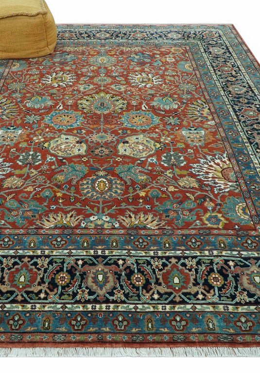 Hand Knotted Traditional Floral Rust, Blue, Black, Olive And Gold Wool Rug 8x10 ft Ideal for Living, Bedroom And Dining Rooms | CP2433810
