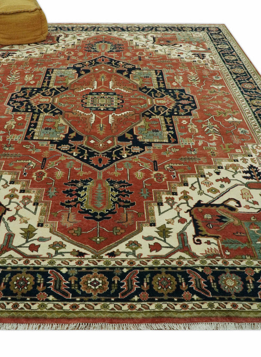 Hand Knotted Rust, Cream, And Black Heriz Serapi Wool Rug 9X12 ft Ideal for Living, Bedroom And Dining Rooms | CP2445912