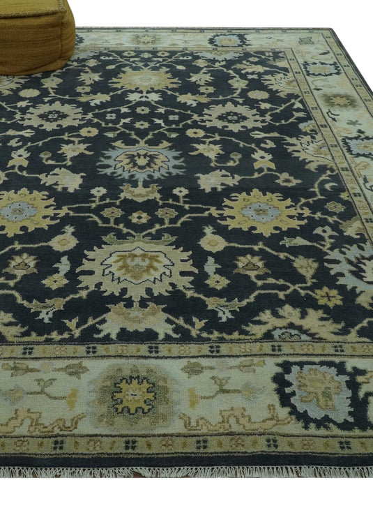 Custom Made Traditional Oushak Charcoal, Sage Green And Ivory Hand Knotted Wool Area Rug