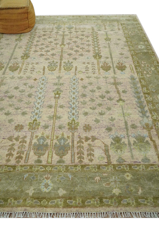Custom Made Pink, Olive, Beige And Brown Tree Of Life Hand Knotted Wool Area Rug
