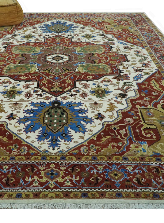 Hand Knotted Traditional Heriz Rust, Ivory, Blue, Green And Beige Wool Rug 9x12 ft Ideal for Living, Bedroom And Dining Rooms | CP2436912