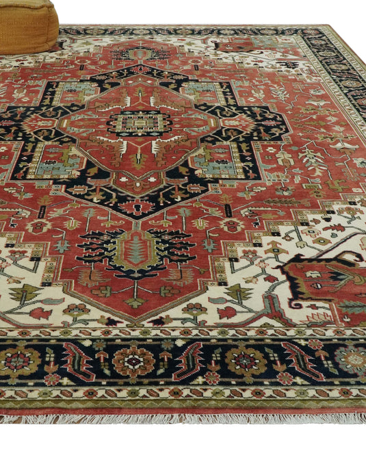 Hand Knotted Traditional Rust, Ivory And Black Wool Rug 9x12 ft Ideal for Living, Bedroom And Dining Rooms | CP1063912