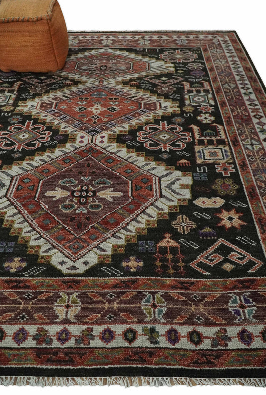Rust, Black and Ivory Wool Traditional Antique Vintage Persian Hand knotted Area Rug