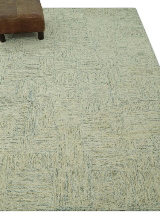 Hand Tufted Interlocking Squares Gray, Ivory And Olive Wool Rug 5x7.6 ft Ideal for Living, Bedroom And Dining Rooms