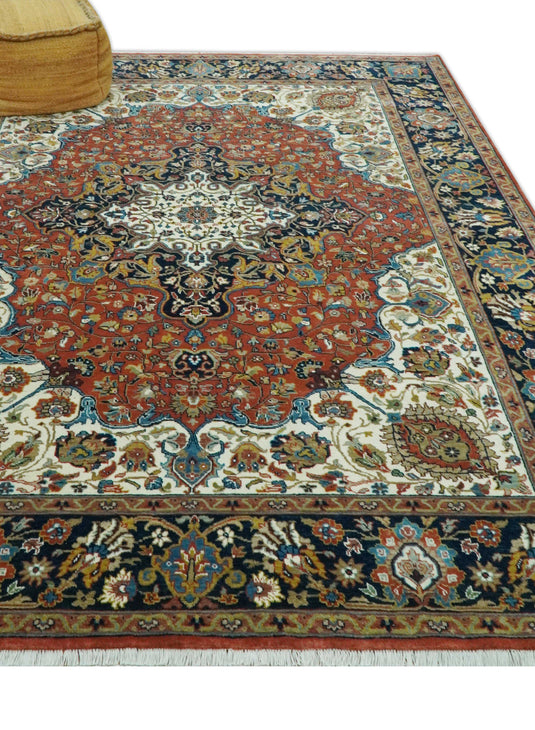 Hand Knotted Black, Rust, Ivory, Gold And Blue Heriz Serapi Wool Rug 8x10 ft Ideal for Living, Bedroom And Dining Rooms | CP2444810