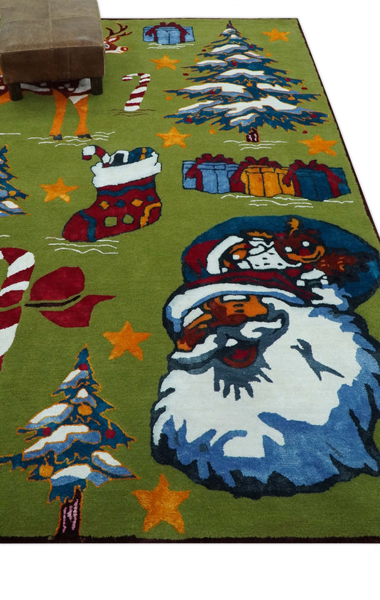 Colorful Christmas Theme Green, Gold, Blue, White And Red Hand Tufted 2x3 ft Bedroom, Kids Room Rug Wool Area Rug