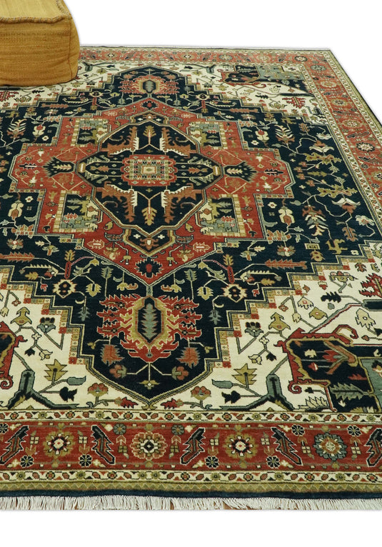 Hand Knotted Black, Rust And Cream Traditional Herati Wool Rug 9X12 ft Ideal for Living, Bedroom And Dining Rooms | CP2446912