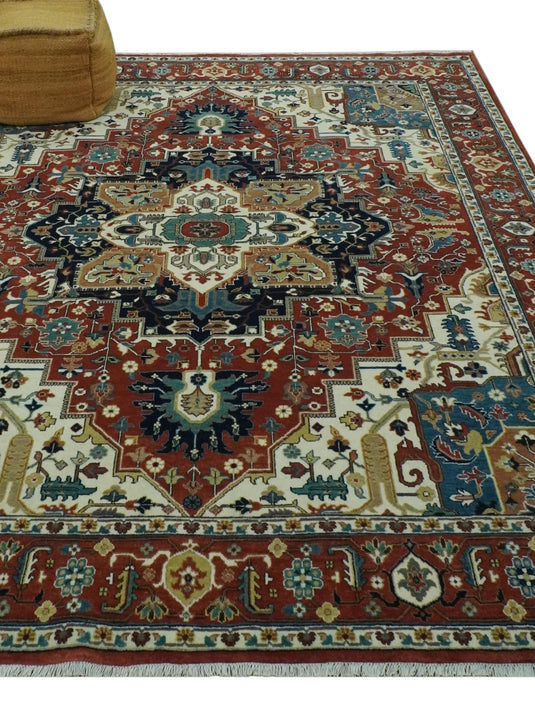 Hand Knotted Traditional Herati Rust, Blue, Teal And Ivory Wool Rug 8x10 ft Ideal for Living, Bedroom And Dining Rooms | CP2457810