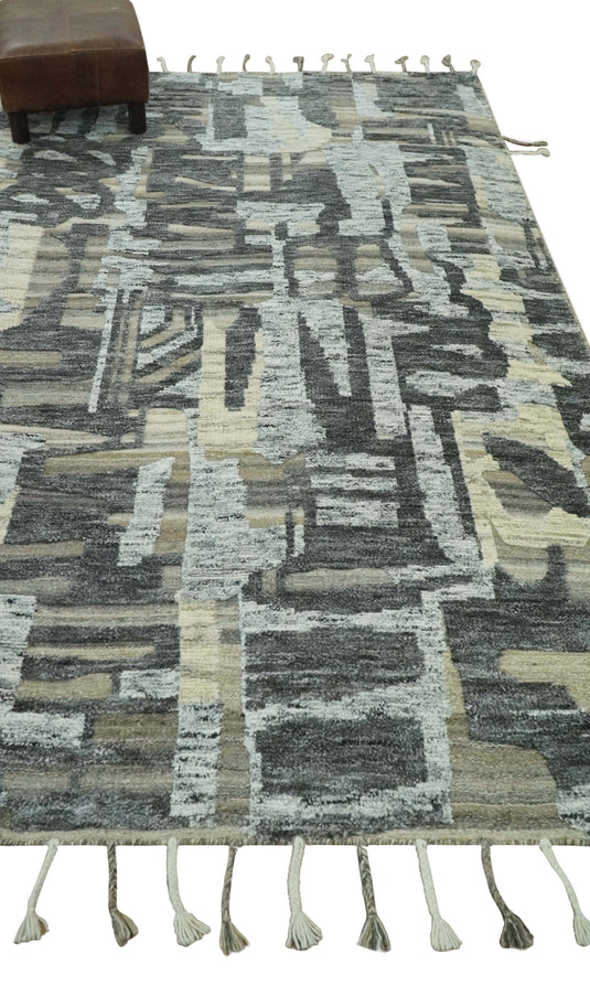 Modern Abstract Brown, Ivory, Beige and Charcoal Hand Knotted 5x8 ft Bedroom, Living Room Rug Wool Area Rug