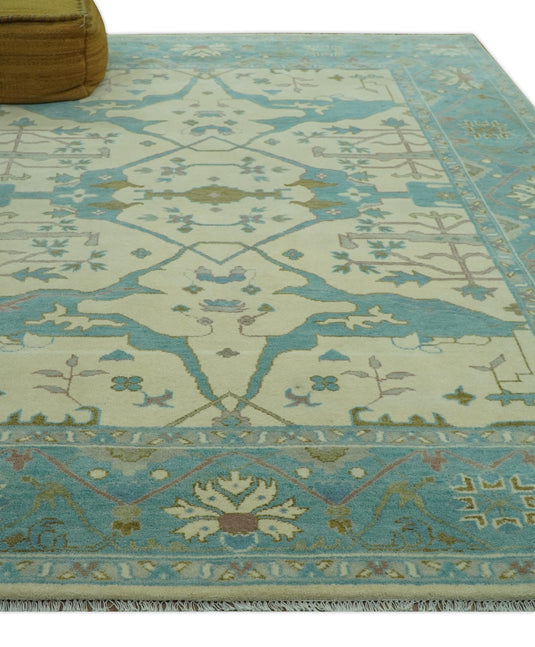 Custom Made Traditional Oushak Ivory, Aqua, And Gray Hand Knotted Wool Area Rug