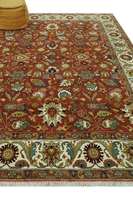 Hand Knotted Traditional Floral Rust, Beige, Blue And Ivory Wool Rug 8x10 ft Ideal for Living, Bedroom And Dining Rooms | CP2438810