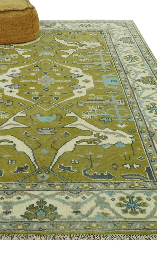 Hand Knotted Oriental Oushak Olive, Ivory, Gray And Blue Wool Rug 6x9 ft Ideal for Living, Bedroom And Dining Rooms | CP240269