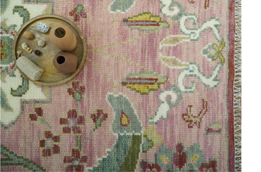 Peach, Green, Olive And Beige Antique Floral Jungle Hand Knotted 8x10 ft Wool Rug, Living Room Rug