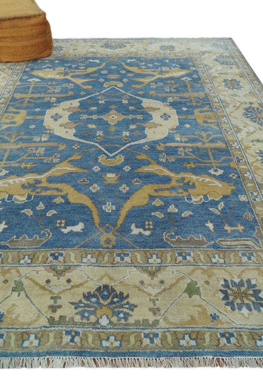 Traditional Oriental Oushak Hand knotted Blue and Beige 8x10 ft Bedroom, Living Room Rug ,wool Area Rug