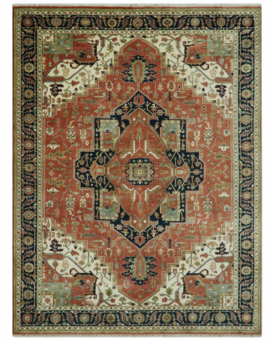 Hand Knotted Rust, Cream, And Black Heriz Serapi Wool Rug 9X12 ft Ideal for Living, Bedroom And Dining Rooms | CP2445912