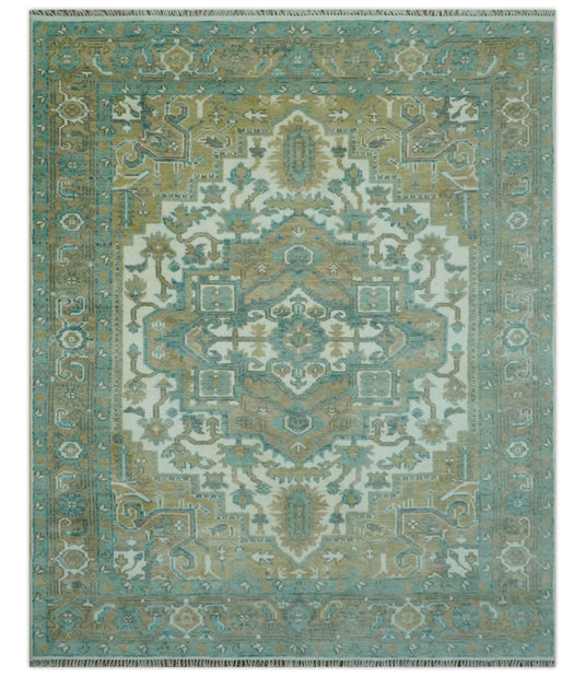 Custom Made Traditional Heriz Beige, Blue And Ivory Hand Knotted Wool Rug Wool Area Rug