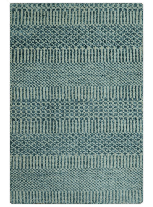 Modern Geometrical Striped Gray And Off White Hand knotted Wool Rug 2x3 ft Ideal for Living, Bedroom And Dining Rooms