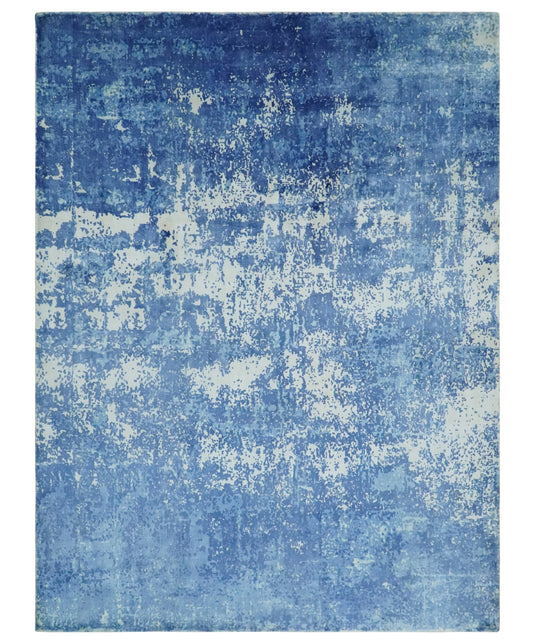 Modern Abstract Blue And Ivory Handloom 5.6x8 ft Bedroom, Living Room Rug Wool And Viscose Area Rug