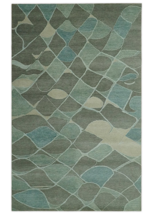 Contemporary Geometrical Pattern Hand knotted Charcoal, Green, Ivory and Blue 5x8 ft Bedroom, Living Room Rug Wool Area Rug