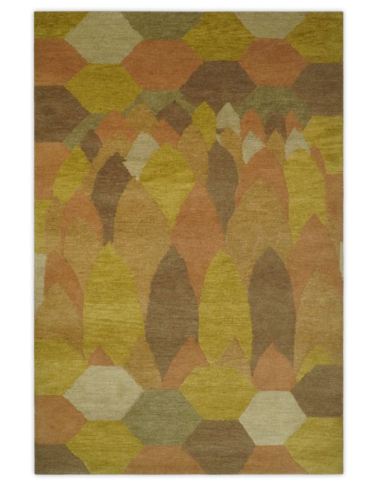 Modern Floral and Geometrical Pattern Hand knotted Yellow, Brown, orange and Ivory 4x6 ft Bedroom, Living Room Rug Wool Area Rug