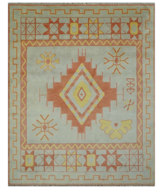 Southwestern Peach, Silver And Yellow Hand knotted Wool Rug 8x10 ft Ideal for Living, Bedroom And Dining Rooms