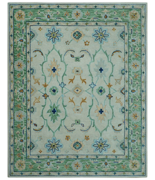 Custom Made Ivory, Green And Blue Floral Motifs Hand Tufted Wool Area Rug