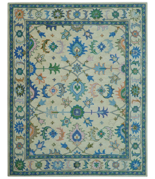 Custom Made Beige And Blue Traditional Floral Motifs Hand Tufted Wool Area Rug