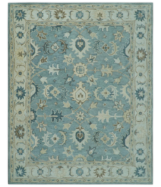 Custom Made Blue, Gray And Ivory Traditional Floral Motifs Hand Tufted Wool Area Rug