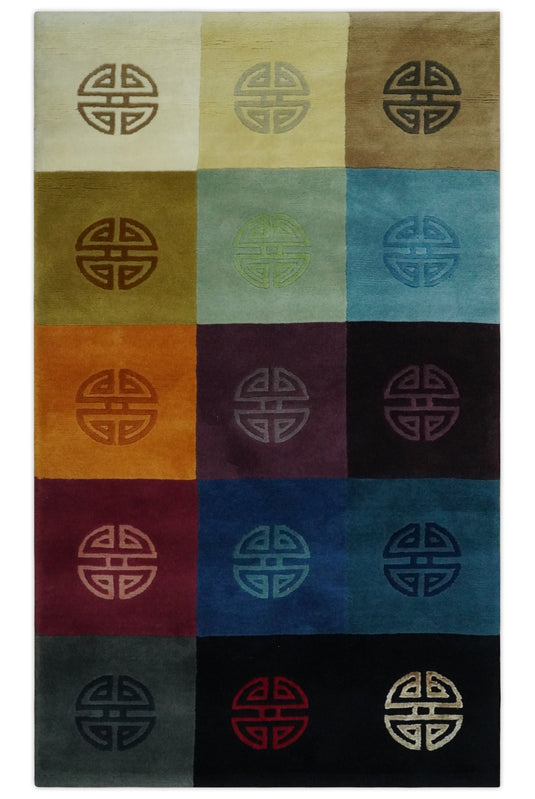 Modern Geometrical Pattern Handloom Multi Color 3x5 ft Bedroom, Living Room Rug Wool and Art Silk Area Rug AAOC2635