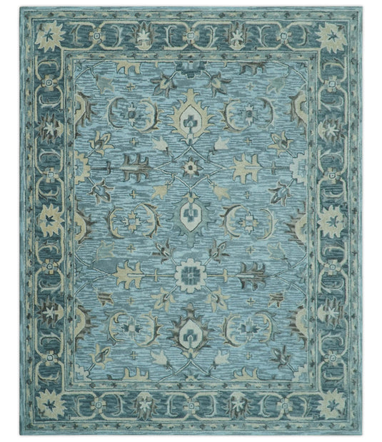 Custom Made Traditional Floral Aqua, Gray and Beige Hand Tufted Wool Area Rug