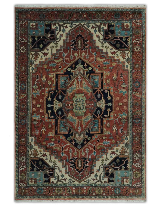 Persian Hand knotted Rust, Charcoal and Ivory 2x3, 3x5 and 4x6 Heriz Serapi wool Area Rug
