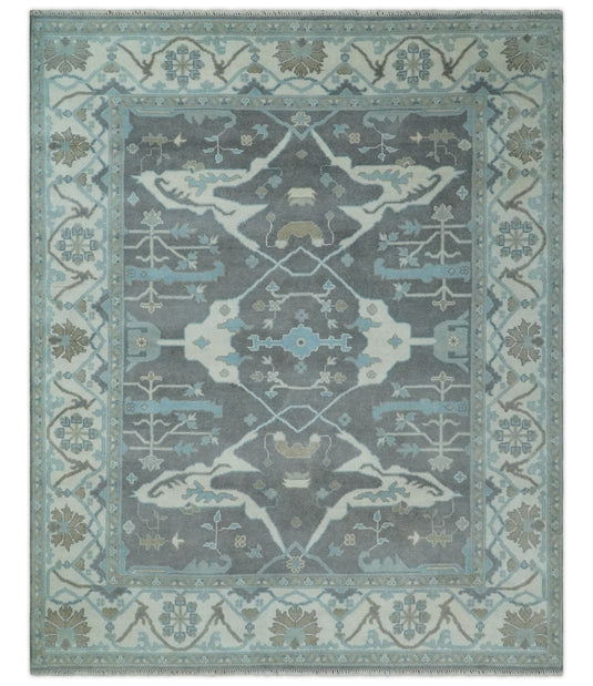Traditional Persian Oriental Oushak Hand knotted Charcoal, Ivory and aqua 8x10 wool Area Rug