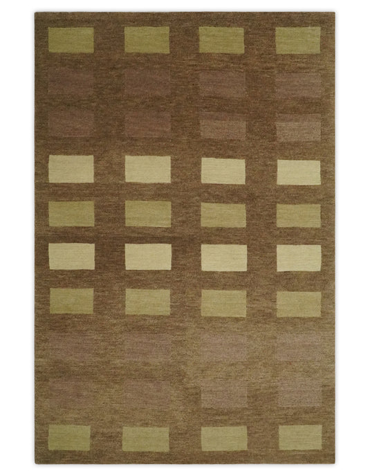 Modern Geometrical Pattern Handloom Brown, Beige and Olive 4x6 ft Bedroom, Living Room Rug , Wool Area Rug AAOC746