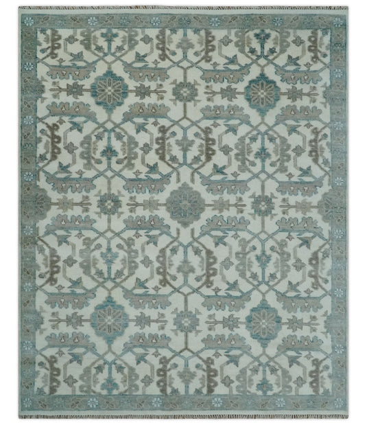 Traditional Oriental Oushak Hand knotted Ivory and Teal 8x10 ft Bedroom, Living Room Rug ,wool Area Rug