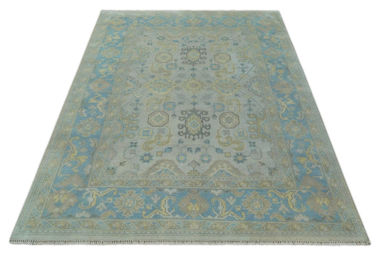 Traditional Persian Floral Oushak Hand knotted Ivory, Blue and Beige 8x10 wool Area Rug