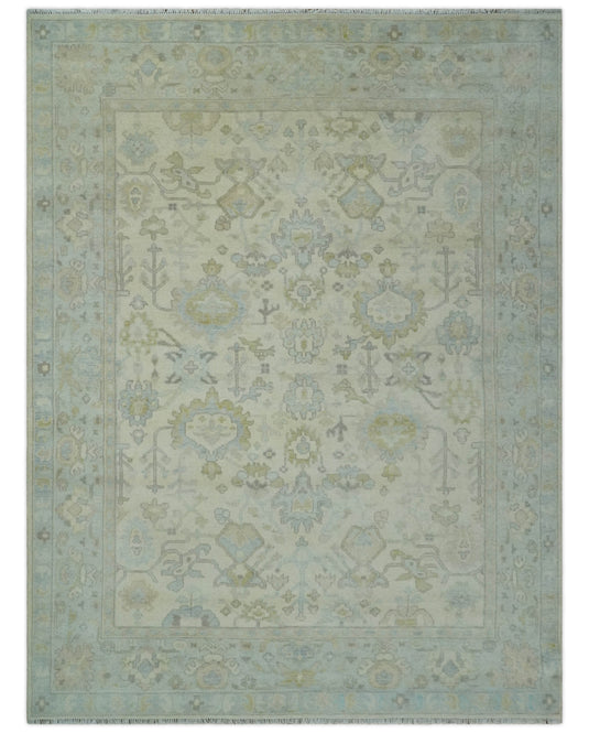 Antique Look Hand Knotted Oushak Rug Beige and Grey 9x12 ft Ideal for Living, Bedroom, and Dining Rooms