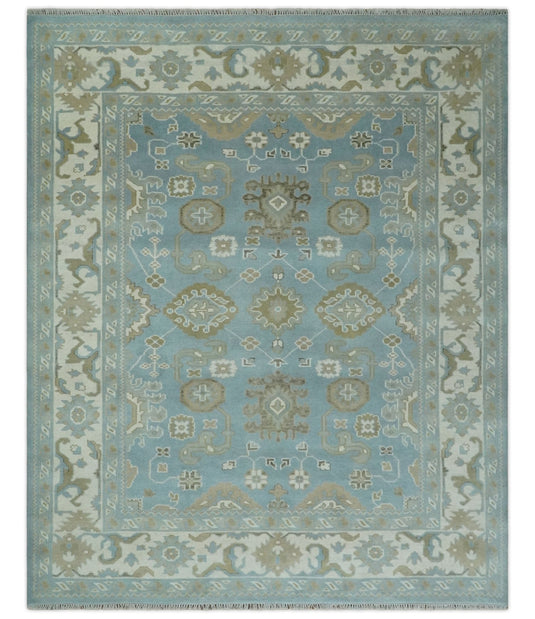 Traditional Persian Oushak Hand knotted Aqua, Ivory and Olive 8x10 wool Area Rug